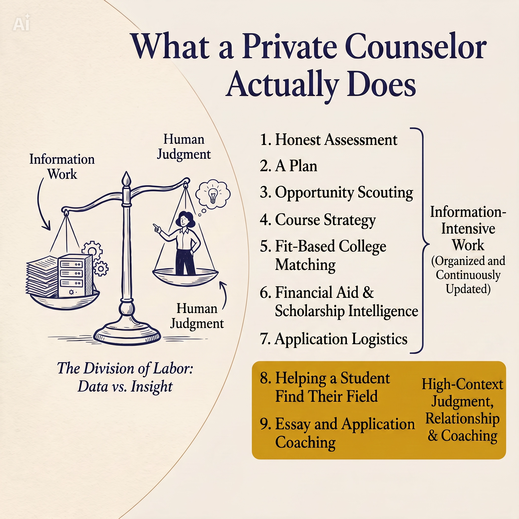An infographic titled 'What a Private Counselor Actually Does' showing a balance scale with 'Information Work' on one side (represented by a stack of documents and gears) and 'Human Judgment' on the other (a person with a thought bubble), captioned 'The Division of Labor: Data vs. Insight.' On the right, jobs 1-7 (Honest Assessment through Application Logistics) are bracketed as 'Information Work (Automated & Auditable),' while jobs 8-9 (Helping a Student Find Their Field, Essay and Application Coaching) are highlighted in a gold panel as 'Human Judgment & Coaching (The True Value).'